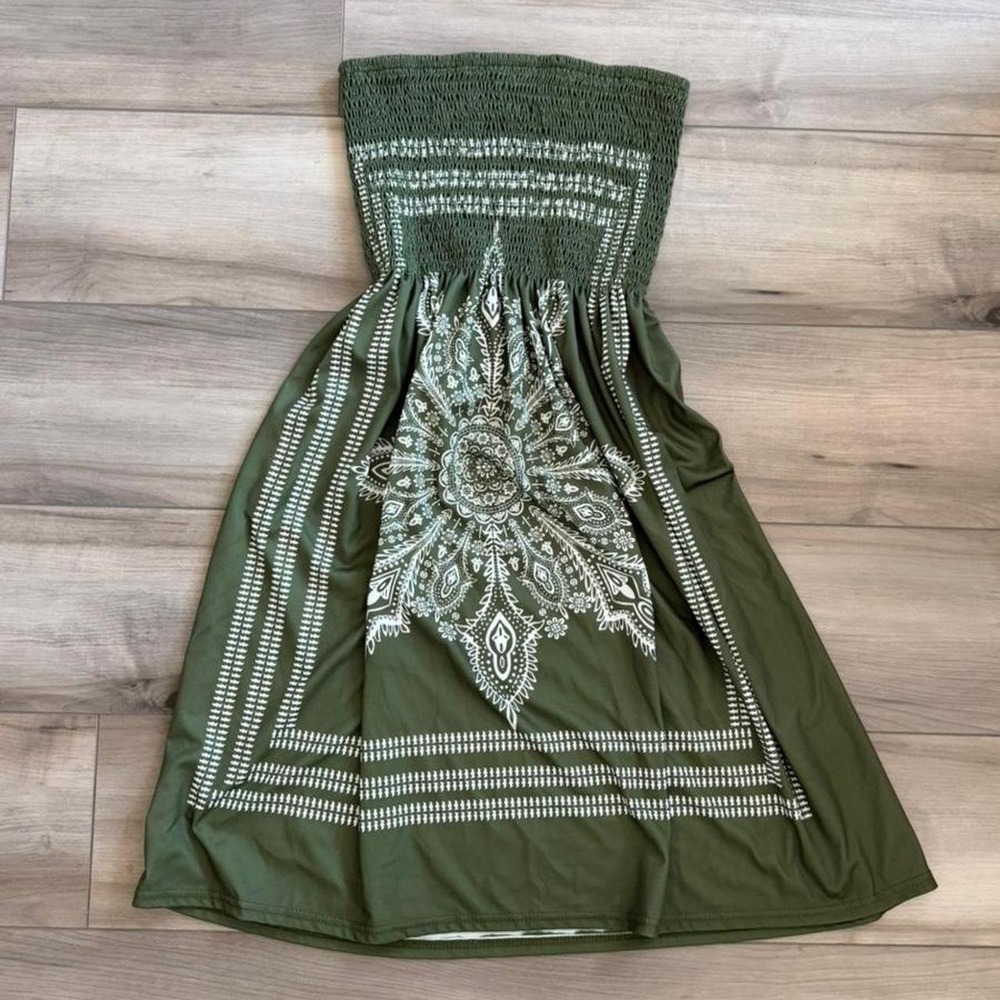 Olive green tube dress with white geometric and floral Pattern